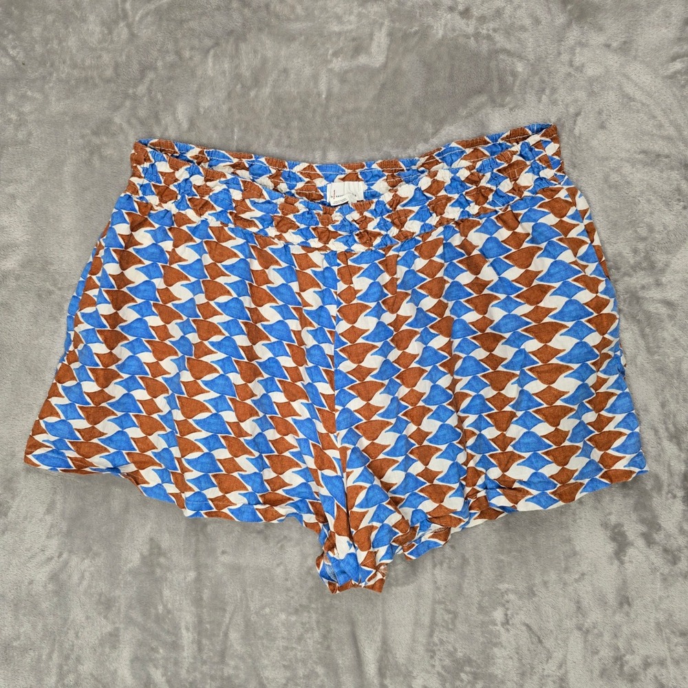 Anthropologie Shorts Womens 3X Blue Brown Geometric Linen Elastic Waist Pockets